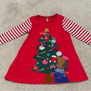 Mini Boden Red Dress with Gold Star and Striped Sleeves 3-4y